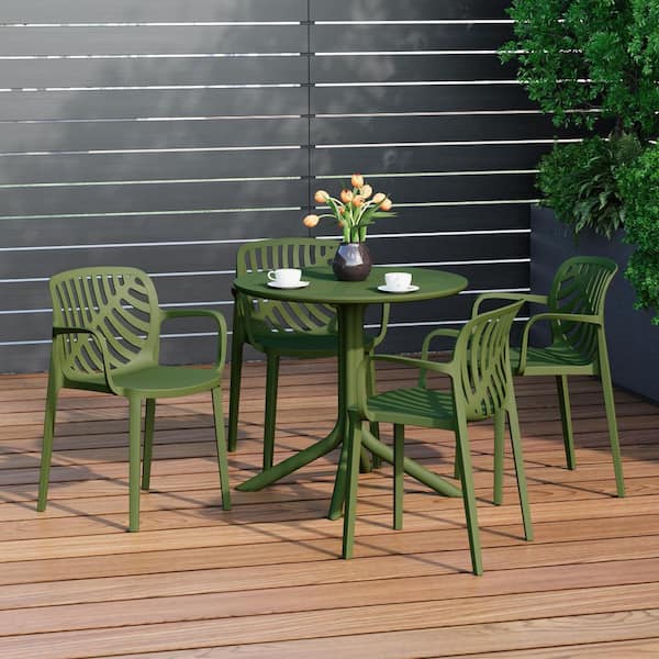 Frond and Form Modern Outdoor Patio Poly Plastic 5-Piece Round Table Dining Set w/ 4-Stackable Chairs in Olive Green