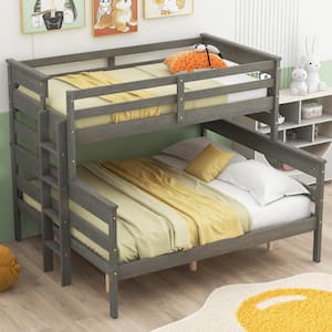 Detachable Style Gray Twin XL over Queen Wood Bunk Bed with Built-in Ladder, Full-Length Bedrails