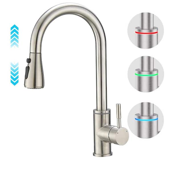 BWE Single Handle Pull-Down Sprayer Kitchen Faucet with LED Light in Brushed Nickel