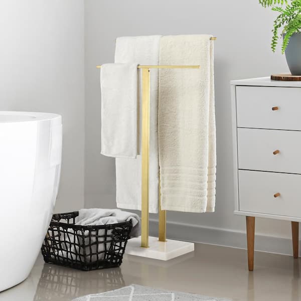 Bathroom Freestanding Towel Rack 2-Tier 33 in. H with Marble Base 18/8 Stainless Steel Brushed Gold