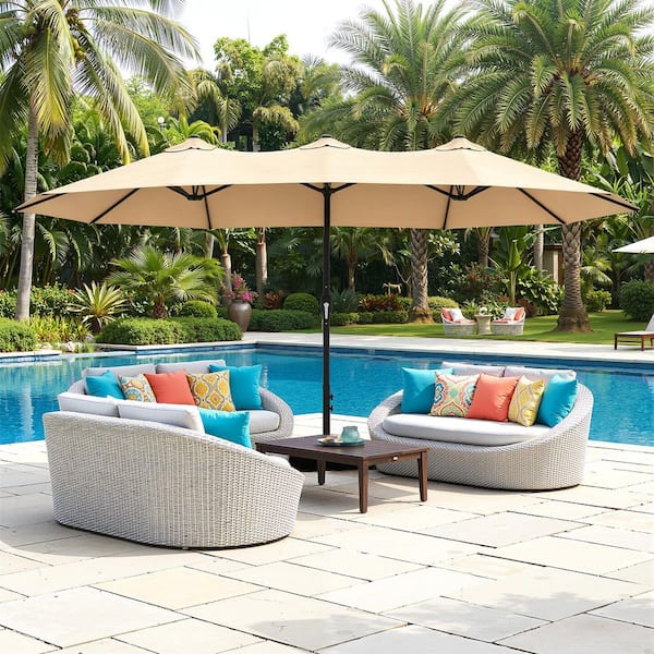 carlsberg patio umbrella Garvee 13' Double-Sided Umbrella, Outdoor Umbrellas, Rectangle Market with Crank Handle, Large Patio Umbrell for Poolside Backyard Canopy Color:Sunbrella Canvas Jockey Red 24 ribs button 2 way tilt Crestlive Products 55-lb Black-55lbs