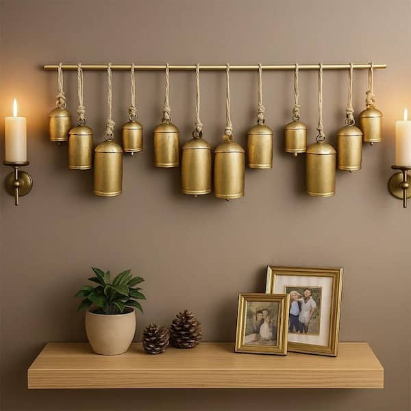 Neyra 19 in. x 48 in. Antique Gold Iron Cowbells Wall Decor with Jute Hanging Rope and Metal Work