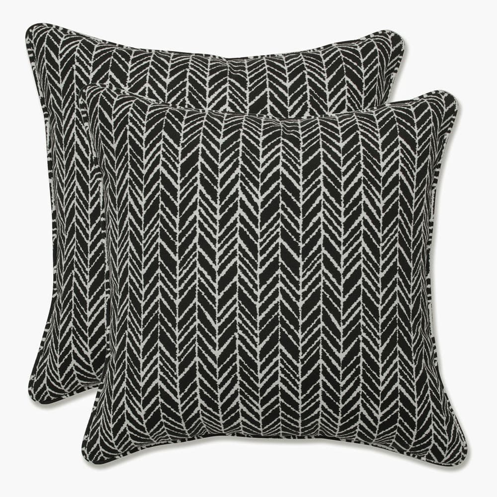 Black and Off-White Herringbone Square Outdoor Throw Pillow Set