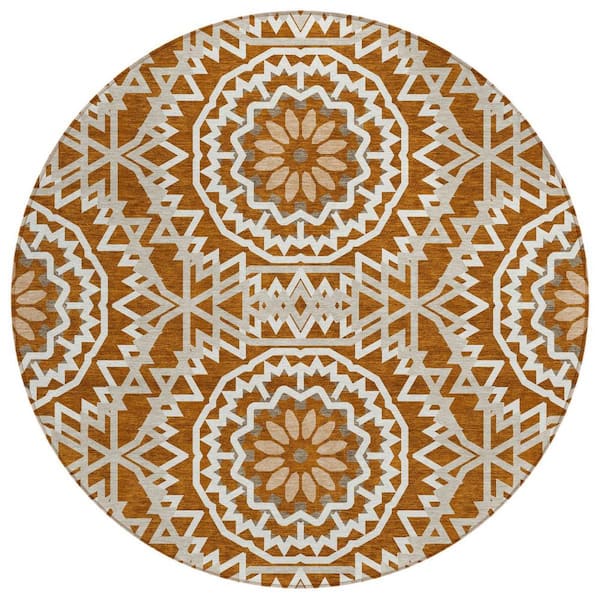 Orange, Copper, Beige 8 ft. Round Woven Floral, Medallion Polyester Round Indoor/Outdoor Area Rug