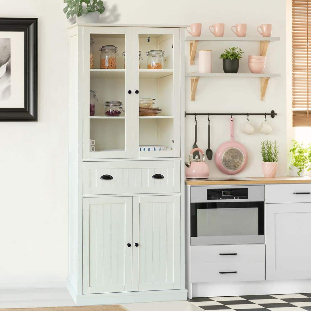 VEIKOUS 72 in. H Off-White Kitchen Storage Pantry Cabinet Closet with ...