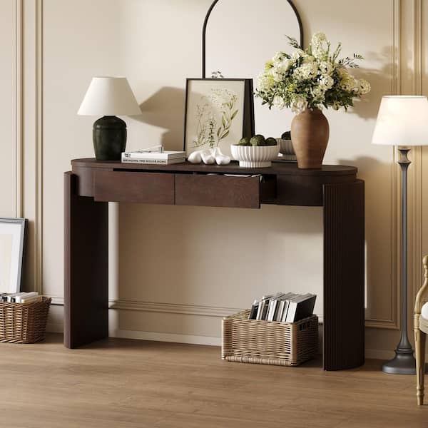 Fluted Design 55.1 in. Espresso Oval MDF Console Table with 2 Drawers and Curved Legs