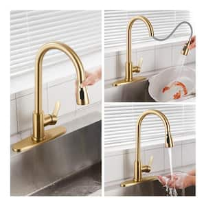 Pause Mode Gooseneck Single Handle Pull Down Sprayer Kitchen Faucet with Deckplate Pull Out Sink Faucet in Brushed Gold