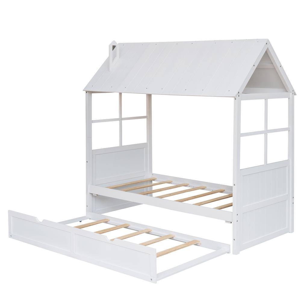 Angel Sar White Twin Size Wood House Bed With Twin Size Trundle, Daybed ...