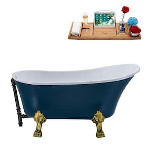 55 in. Acrylic Clawfoot Non-Whirlpool Bathtub in Matte Light Blue With Brushed Gold Clawfeet And Matte Black Drain