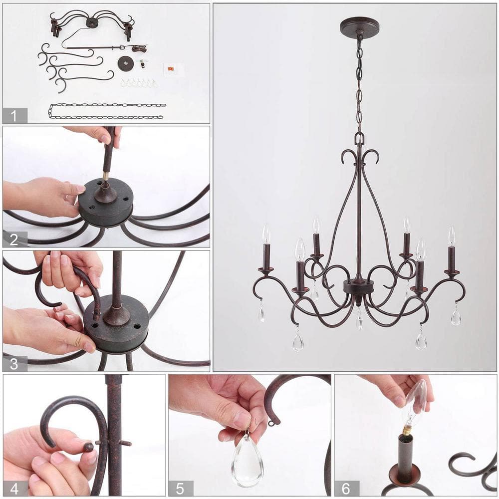 Rustic Bronze 6-Light Candle Chandelier with Crystal Drops