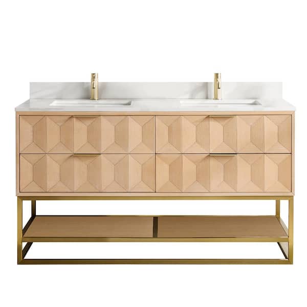 Milagro 60 in. W x 22 in. D x 33.8 in. H Double Sink Bath Vanity in Washed Ash Grey with White Qt. Stone Top