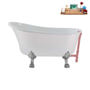 51 in. x 25.6 in. Acrylic Clawfoot Soaking Bathtub in Glossy White with Polished Chrome Clawfeet and Matte Pink Drain