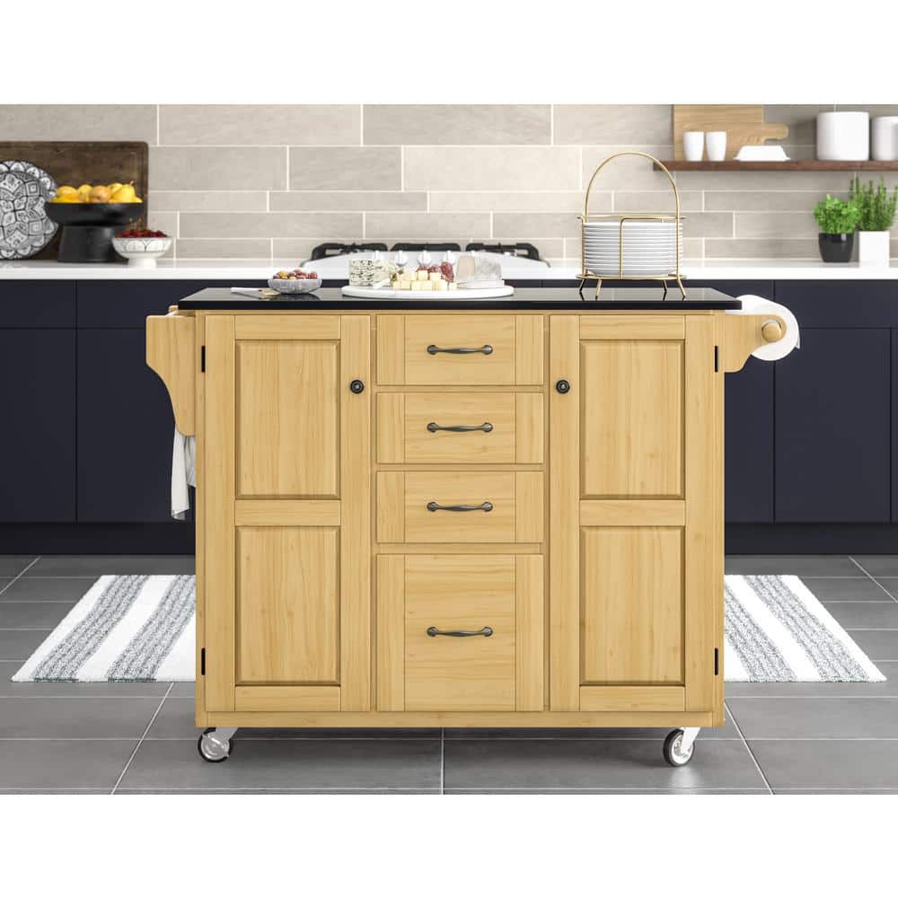 Natural Wood Kitchen Cart with Black Granite Top and Storage