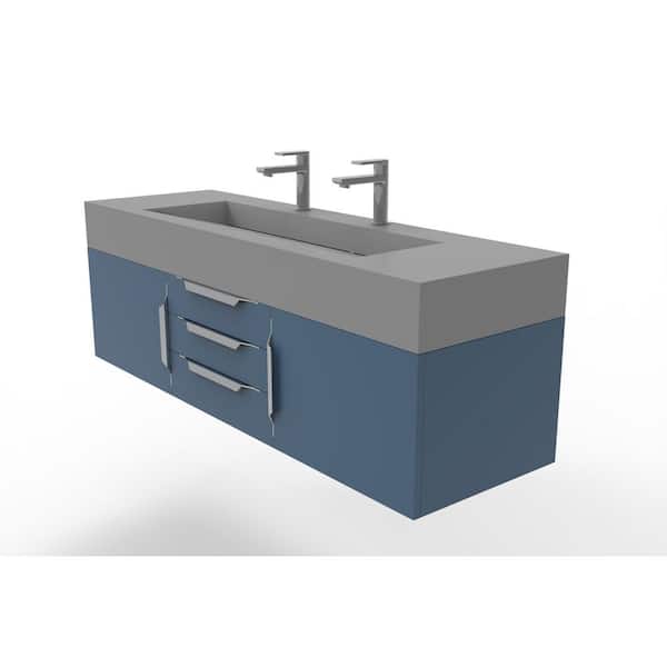 castellousa Nile 60 in. W x 19 in. D x 20 in. H Bath Vanity in Matte Blue with Chrome Trim and Gray Solid Surface Top