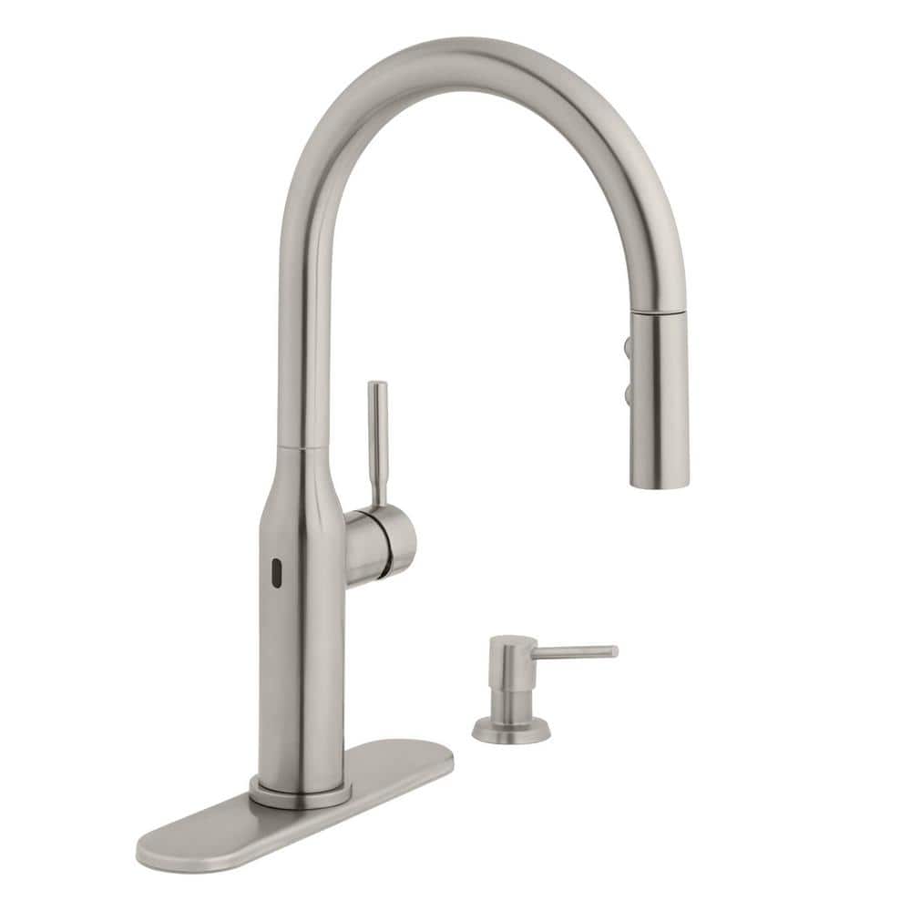 Glacier Bay Upson Touchless Single-Handle Pull-Down Sprayer Kitchen Faucet With Soap Dispenser in Stainless Steel, Silver