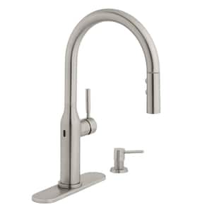 Upson Single-Handle Touchless Pull-Down Kitchen Faucet with TurboSpray and FastMount and Soap Dispenser in Stainless