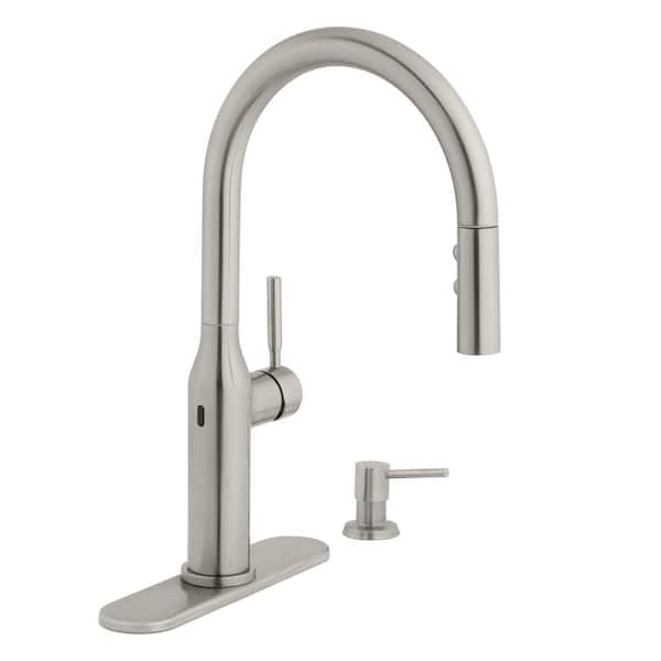 Glacier Bay Upson Single-Handle Touchless Pull-Down Kitchen Faucet with TurboSpray and FastMount and Soap Dispenser in Stainless