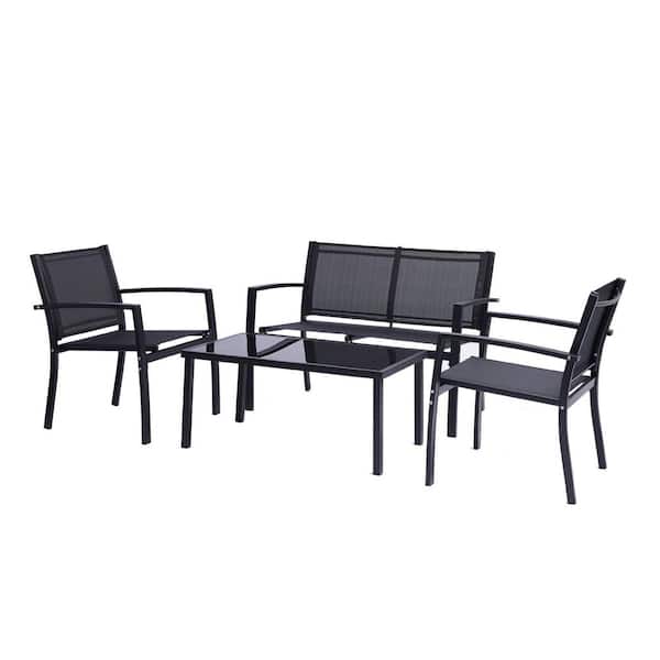 maocao hoom Black 4-Piece Wicker Patio Conversation Seating Set with Glass Coffee Table
