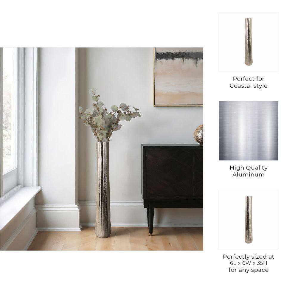 Tall Silver Etched Metal Decorative Floor Vase