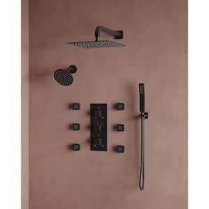 Thermostatic 8-Spray Patterns 12 and 6 in. Square Wall Mount Dual Shower Handheld Shower Head in Matte Black