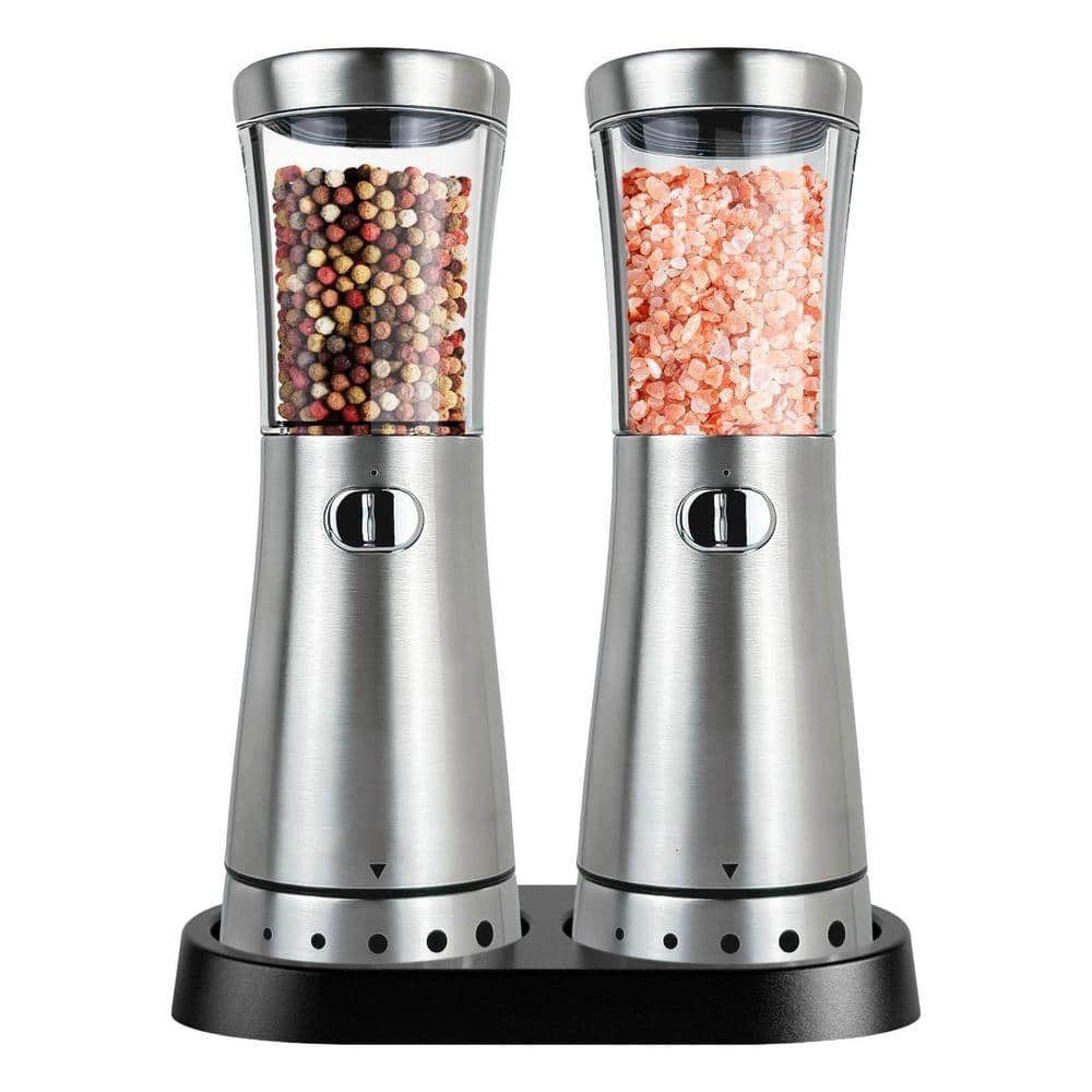 JFVKAF Rechargeable Electric Salt and Pepper Grinder Set with Storage Base, Adjustable Coarseness, 4.5 oz Capacity, LED Light