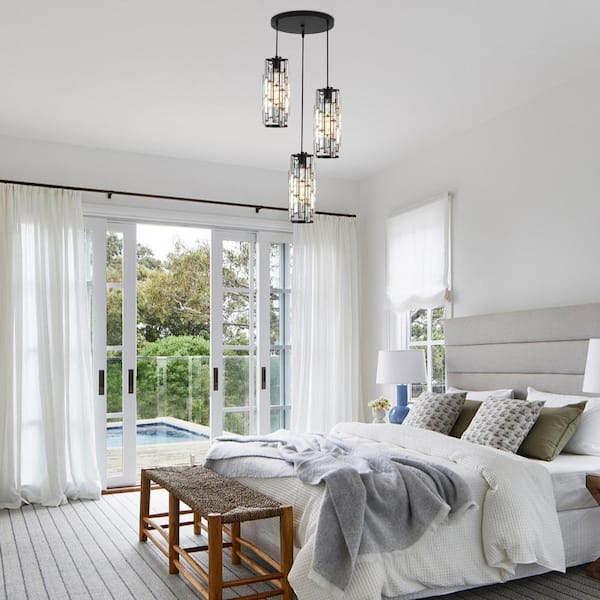 3-Light Black Modern Metal Hanging Pendant Light Ceiling Light with Crystal Cover