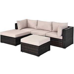 5-Piece Wicker Outdoor Sectional Set Patio Conversation Sofa Set with Yellowish Cushions