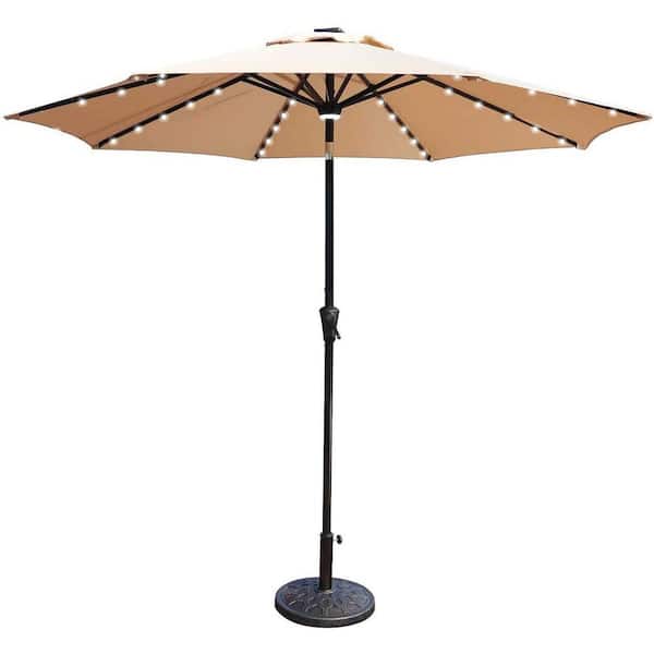 Zeus & Ruta 9 ft. Market Outdoor Aluminum Table Umbrella with Solar LED Led lights and Push Button Tilt in Beige