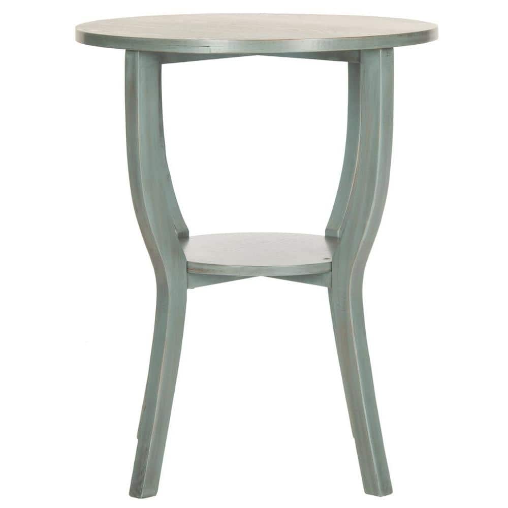 Barn Blue Round Wood Pedestal Accent Table with Shelf