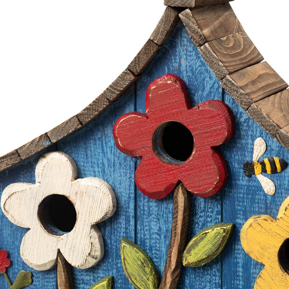Oversized Blue Wooden Birdhouse with 3D Flowers
