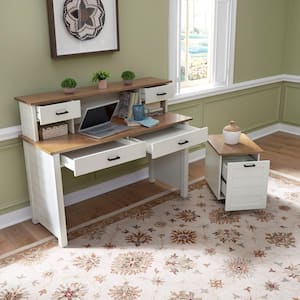 Portsmouth 54 in. W White and Oak Wood 5-Drawer Writing Desk and Hutch with Mobile File Cabinet