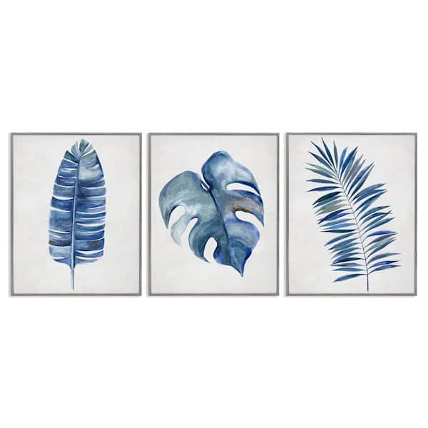 Stupell Industries Vintage Tropical Leaves by Hannah Dawson 3 Pieces Gray Framed Nature Giclee Art Print 14 in. x 11 in.