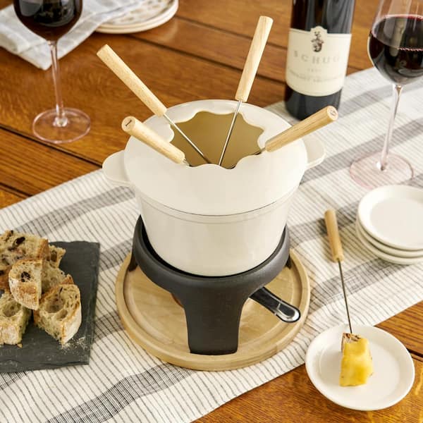 Twine Enamel Cast Iron Fondue Set Cheese Melting Pot Metal Stand with  Stainless Steel Forks and Chrome Gel Burner, Off-Cream 5998 - The Home Depot