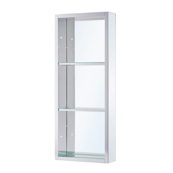 12 in. W x 36 in. H Rectangular Polished Aluminum Recessed or Surface Mount Open-Side Medicine Cabinet with Mirror