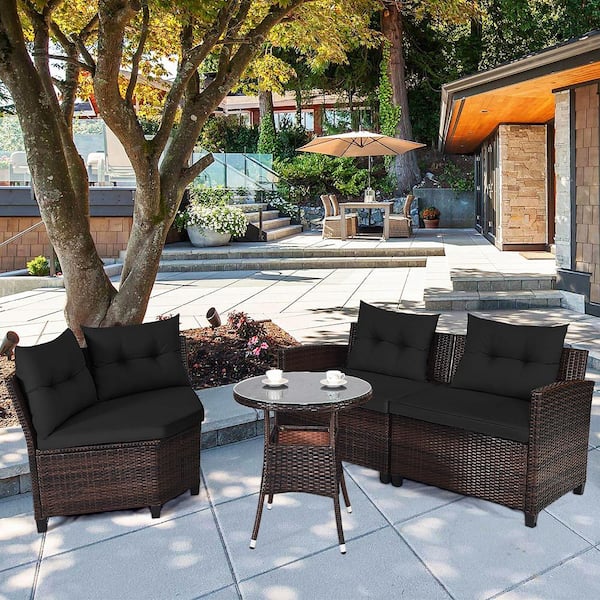 4-Piece Wicker Rectangular Patio Conversation Set with Black Cushions
