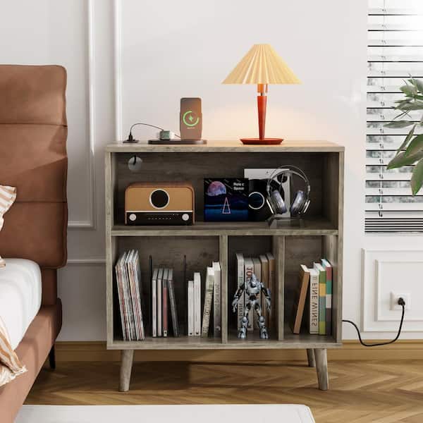 Karl home Record Player Stand Grey 29.53 in. H Storage Cabinet with LED Lights and Charging Station