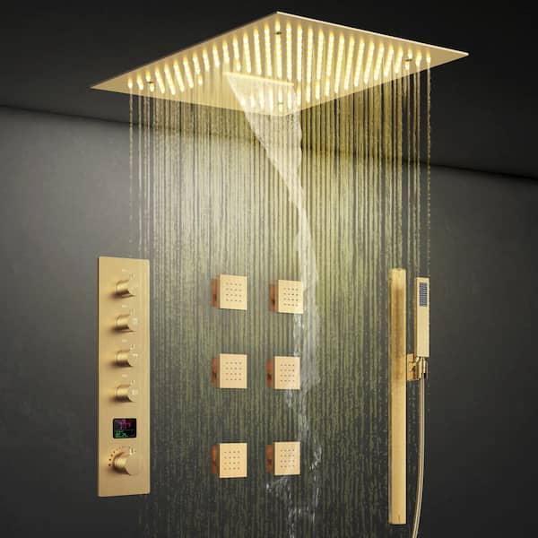 RGB LED And Temp with Valve 15-Spray Ceiling Mount 16 in. Fixed and Handheld Shower Head 2.5 GPM in Brushed Gold