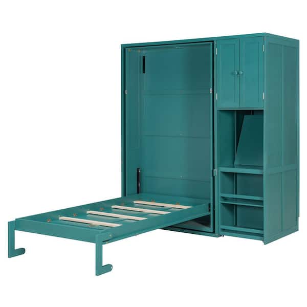 Teal/Blue Wood Frame Twin Size Murphy Bed with Bookshelf, Top Cabinet, Extendable Desk & Side Storage