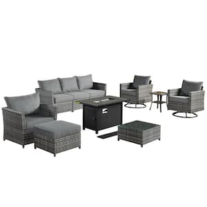 Eufaula Gray 10-Piece Wicker Patio Fire Pit Conversation Sofa Set with Swivel Rocking Chairs and Dark Gray Cushions