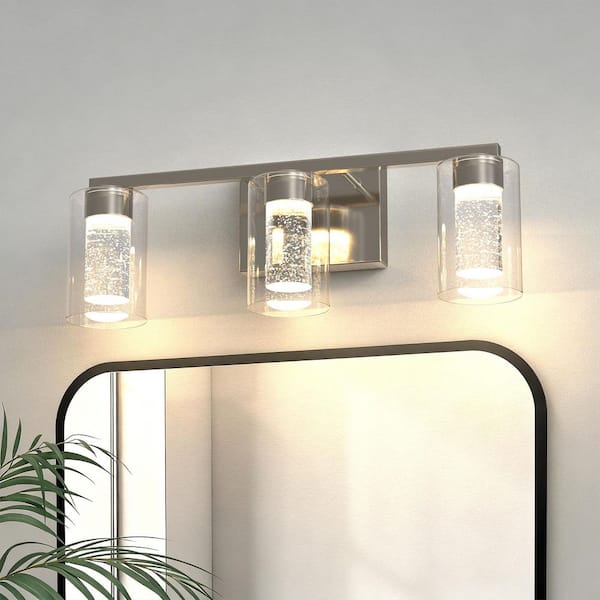 18 in. 3-Light Brushed Nickel Integrated LED Vanity Light with Glass Shade, 3000/6000K with Remote Control for Bathroom