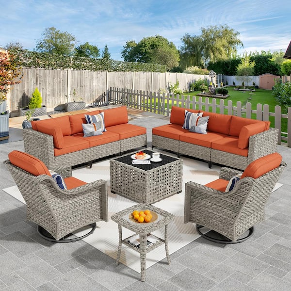 OVIOS Supery Gray 10-Piece Wicker Patio Conversation Set with Orange Red Cushions and Swivel Rocking Chairs