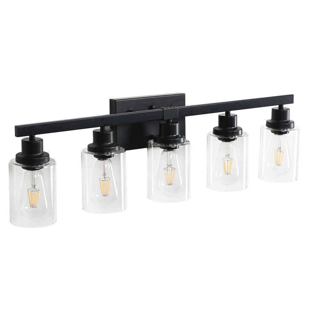 31.1 in. Farmhouse 5-Light Black Bathroom Vanity Light Vintage Wall Light with Clear Glass Shade, Bulbs Not Included price history on PriceWatchPro