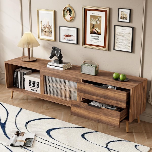 71 in. Walnut TV Stand Entertainment Center Fits TVs up to 80 in. with 2-Glass Doors and 2-Drawers