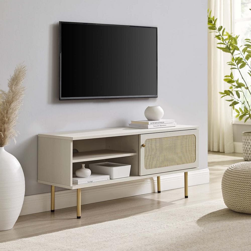 Cambria 47" White Particleboard TV Stand with Rattan Weave