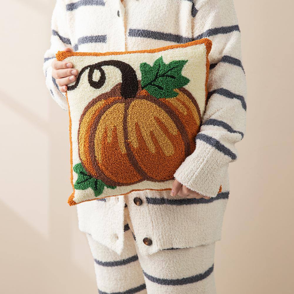 Handmade Hooked Pumpkin Fall Throw Pillow 14" x 14"