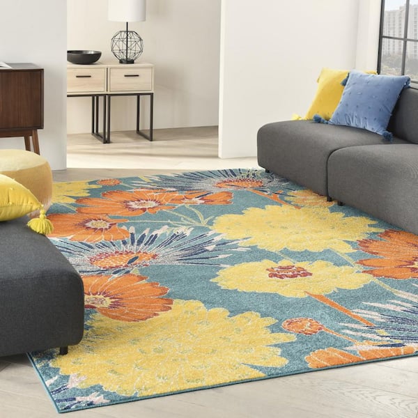 8 ft. x 10 ft. Blue Floral Power Loom Area Rug
