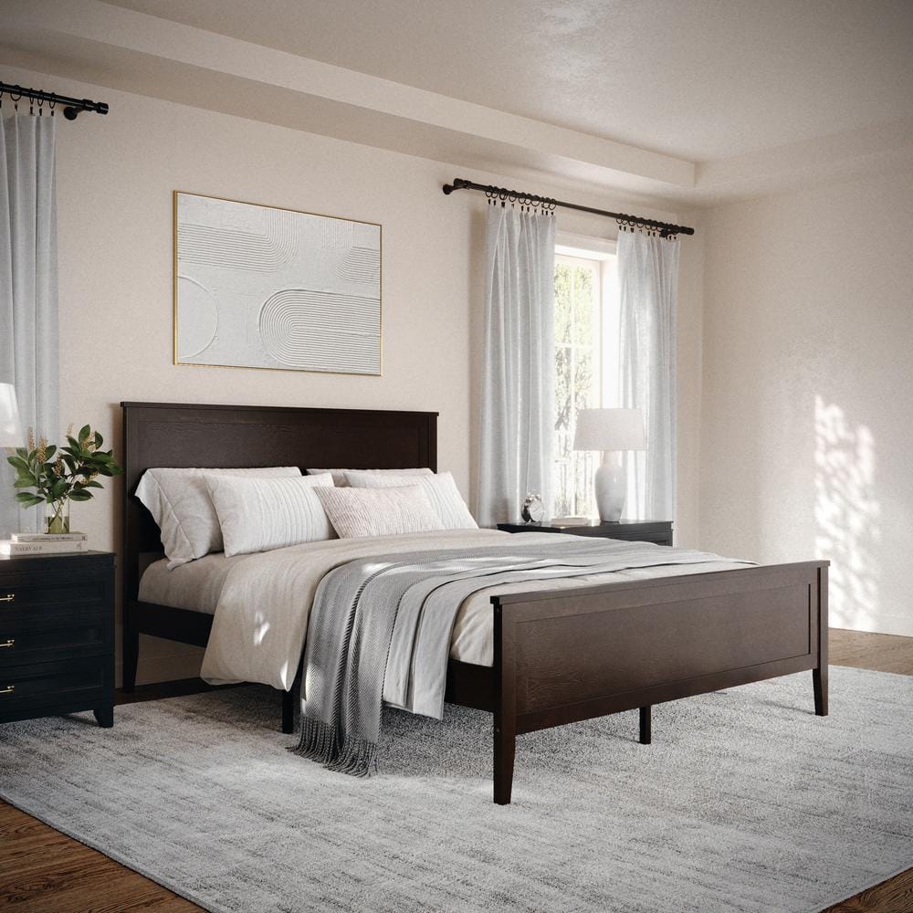 Dark Brown Queen Wooden Platform Bed with Headboard and Footboard
