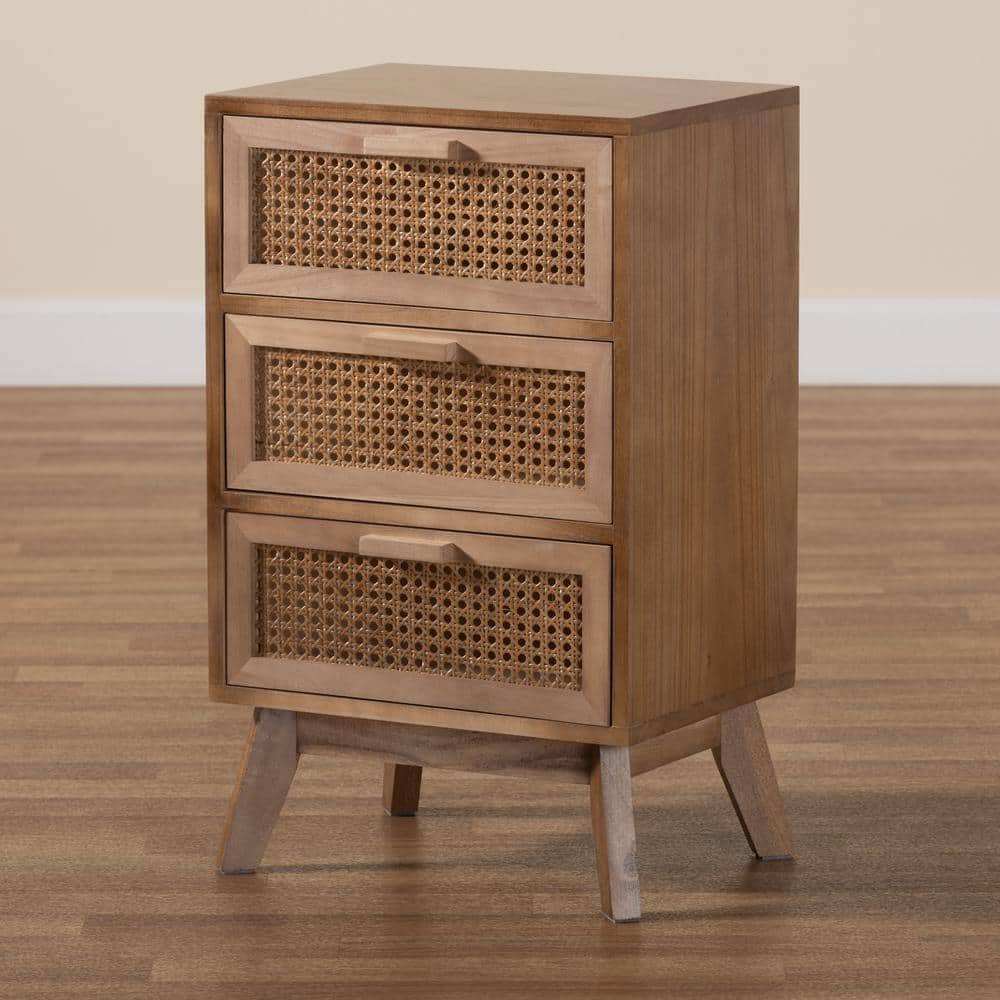 Walnut Brown Wood 3-Drawer Accent Table with Rattan