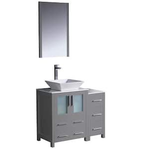 Torino 36 in. Bath Vanity in Gray with Glass Stone Vanity Top in White with White Vessel Sink, Side Cabinet and Mirror