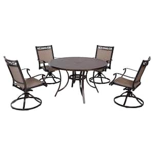 Gamay 5-Piece Cast Aluminum Outdoor Dining Set with Round Umbrella Table, Swivel Sling Chairs
